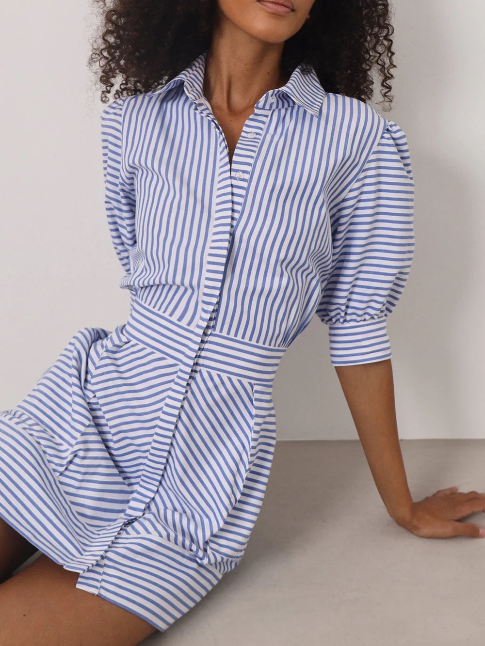 NWT VITA GRACE Levante Dress in Stripe Blue and White Puff Sleeve Collar Mini - Picture 7 of 10